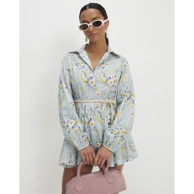 princess polly baby blue dress AX Paris Blue Floral Print Tie Shoulder Mini Dress main image 0