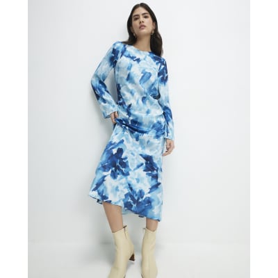 Petite Blue Floral Long Sleeve Midi Dress