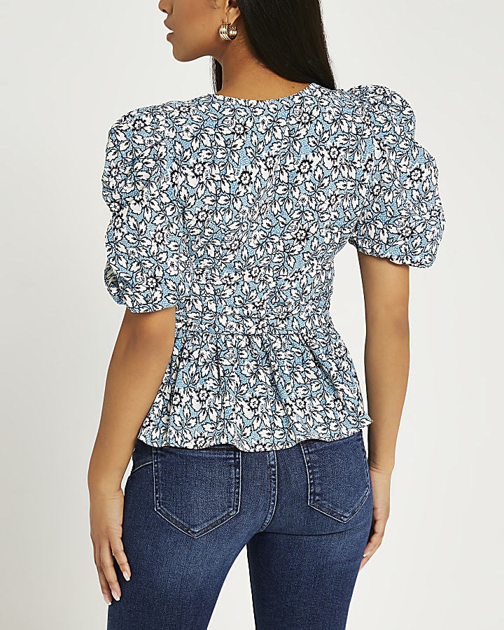Petite blue floral ruched top