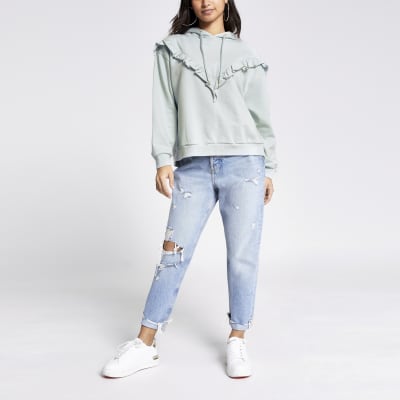 Petite blue frill chevron ribbed crop hoodie