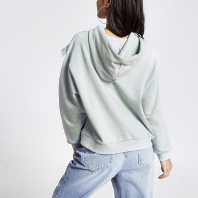 Petite blue frill chevron ribbed crop hoodie