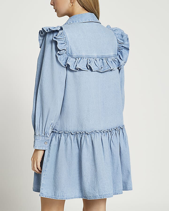 Petite blue frill detail shirt dress