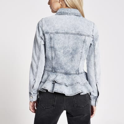 Petite blue frill hem fitted denim jacket