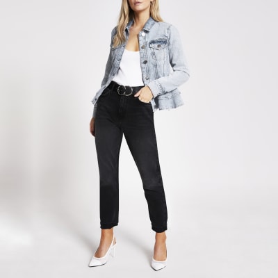 Petite blue frill hem fitted denim jacket