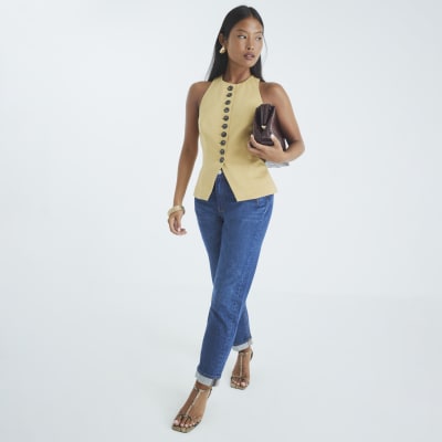 Petite Blue High Rise Mom Jeans