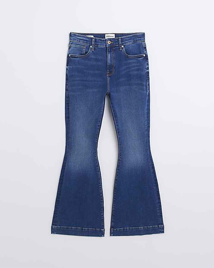 Petite blue high waist flare jeans | River Island