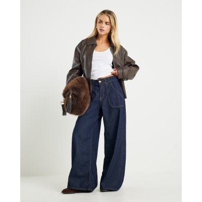 Petite Blue High Waisted Baggy Wide Leg Jeans