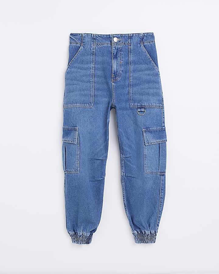 Petite blue high waisted cargo jeans