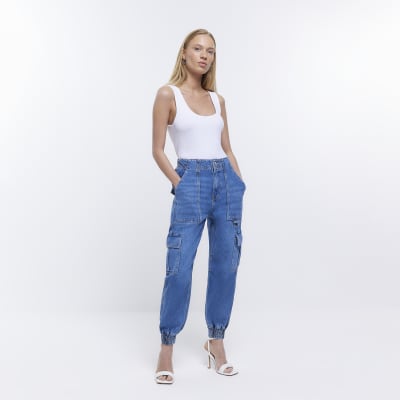 Petite blue high waisted cargo jeans | River Island