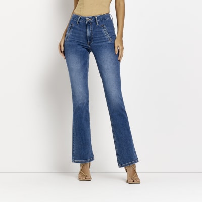 blue high waisted flared jeans