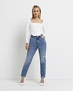 Petite blue high waisted ripped mom jeans