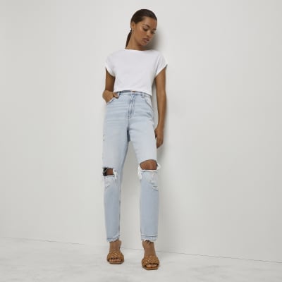 blue ripped mom jeans womens