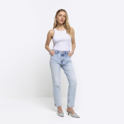 Petite blue high waisted slim straight jeans