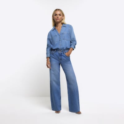 Blue high waisted relaxed straight leg jeans