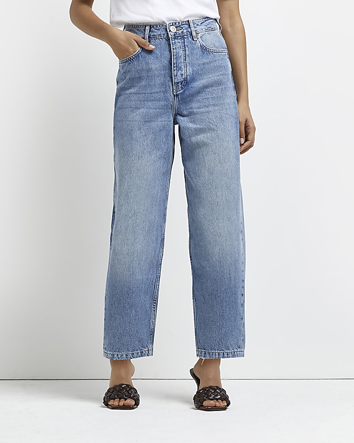 Petite blue high waisted tapered jeans