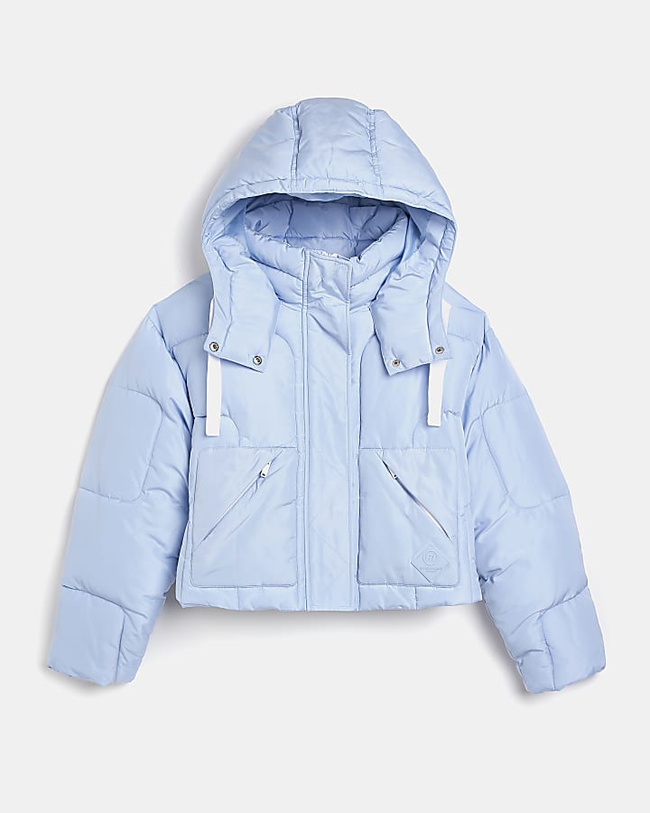 Petite blue hooded puffer coat