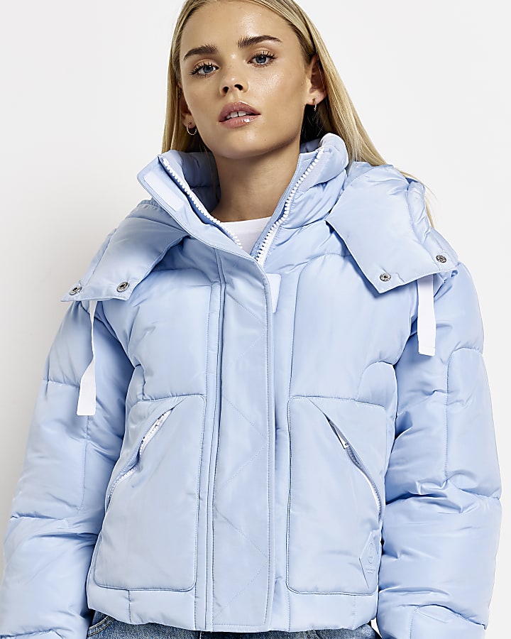 Petite blue hooded puffer coat