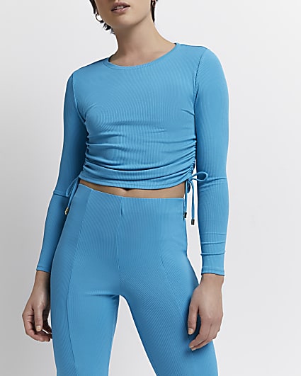 Petite blue knitted cropped top