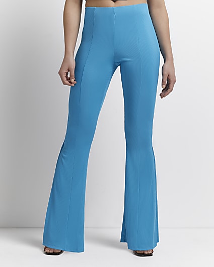 Petite blue knitted flared trousers