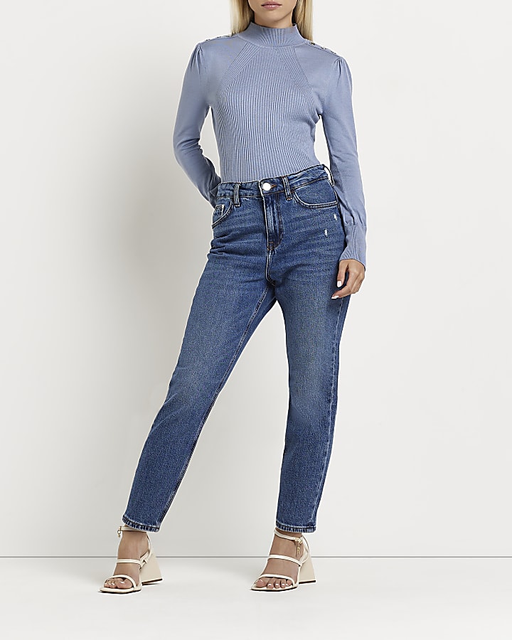 Petite blue knitted puff sleeve top