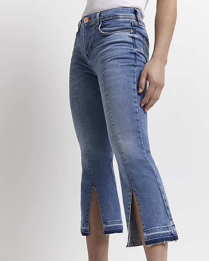 Petite blue mid rise flared jeans