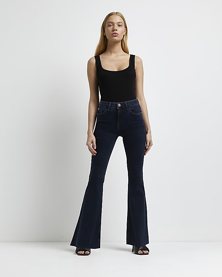 Petite blue mid rise flared jeans