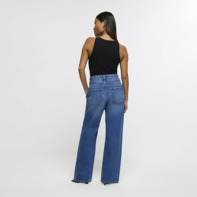 Petite blue mid rise straight jeans | River Island