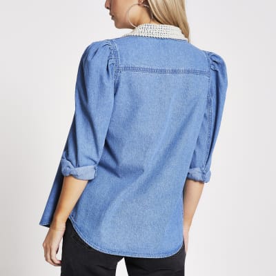 Petite blue pearl collar denim shirt