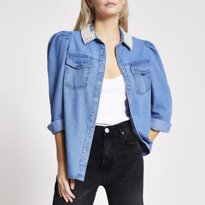 Petite blue pearl collar denim shirt