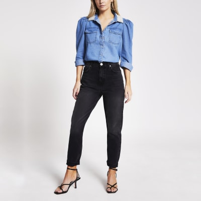 Petite blue pearl collar denim shirt