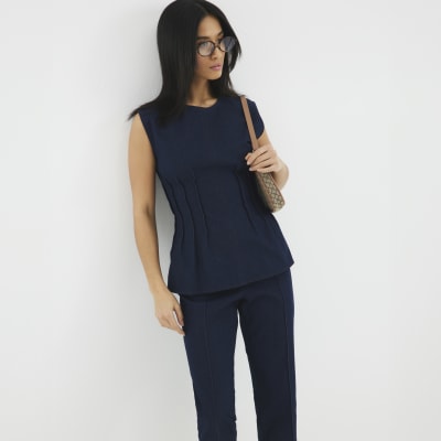 Petite Blue Pintuck Stretch Denim Top