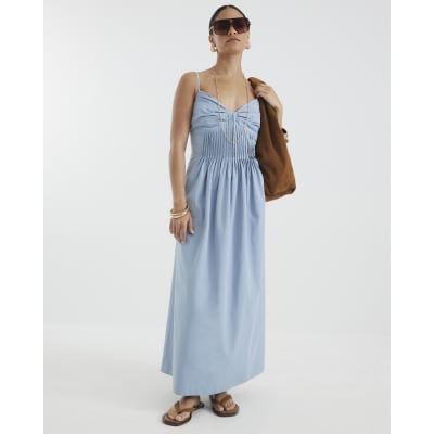 Petite Blue Pintuck Waist Midi Dress