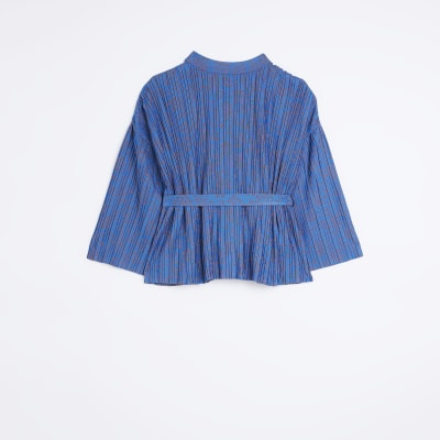 Petite blue print plisse belted kimono | River Island