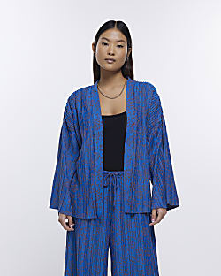 Petite blue print plisse belted kimono