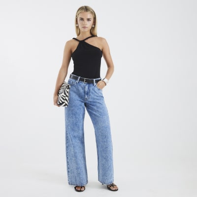 Petite Blue Relaxed Straight Leg Belted Jeans