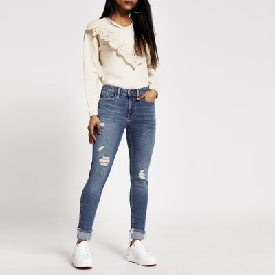 petite blue ripped skinny jeans