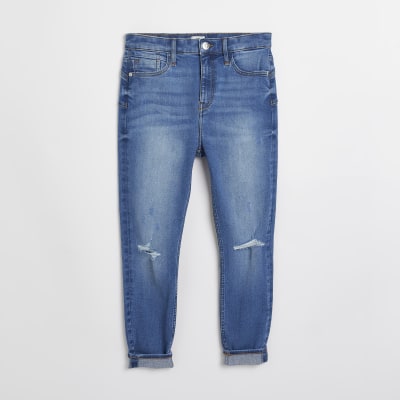 Petite blue ripped bum sculpt skinny jeans
