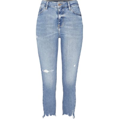 blue skinny high waisted ripped jeans