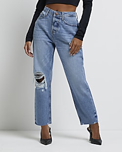 Petite blue ripped mid rise straight jeans
