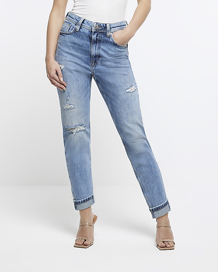 Petite blue ripped mom jeans