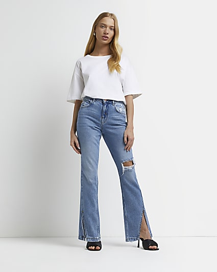 Petite blue ripped straight jeans