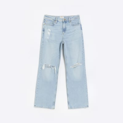 Petite blue ripped straight leg jeans River Island