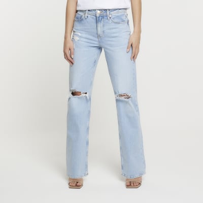 Petite blue ripped straight leg jeans River Island