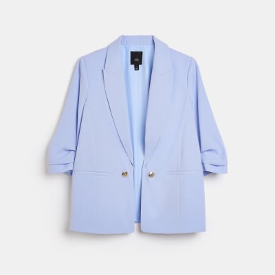 Petite blue ruched sleeve blazer