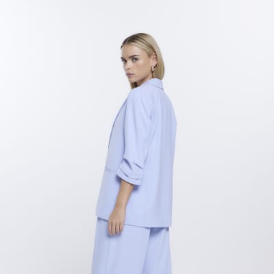 Petite blue ruched sleeve blazer