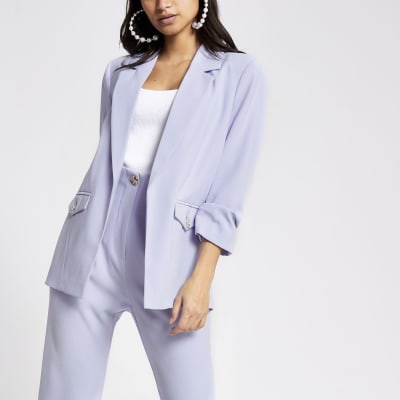 white blazer with ruched sleeves