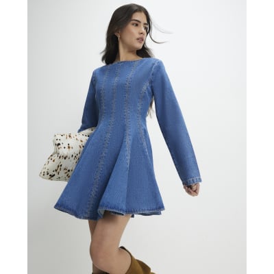 river island denim seamed mini dress Blue Denim Long Sleeve Seamed Mini Dress