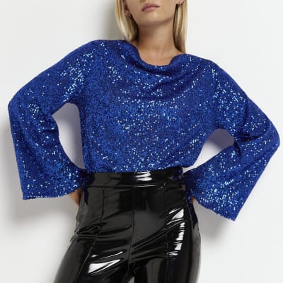 Petite blue sequin long sleeve blouse | River Island