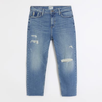 Petite blue slim straight ripped jeans River Island