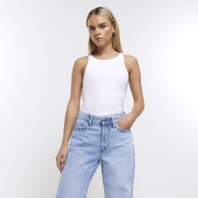 Petite blue straight mid rise jeans